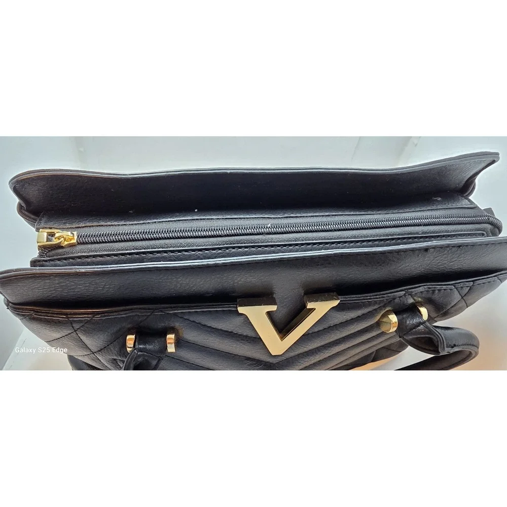 Black Quilted V Logo Satchel Handbag Gold Tone Hardware Chevron Pattern